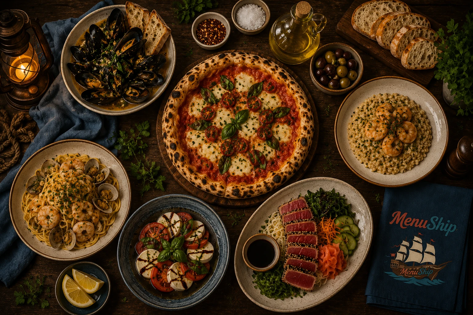 An overhead spread of restaurant dishes with a MenuShip napkin