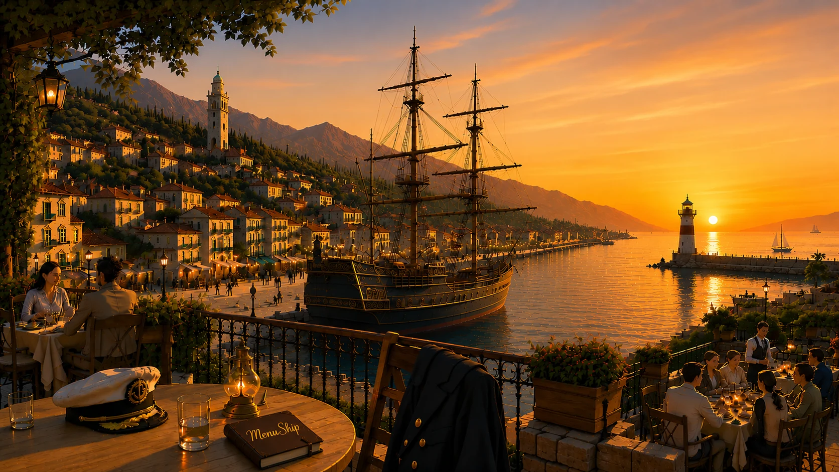 A tall ship docked in the home port at sunset