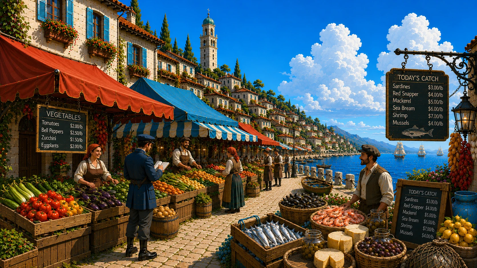 A bustling harbor marketplace