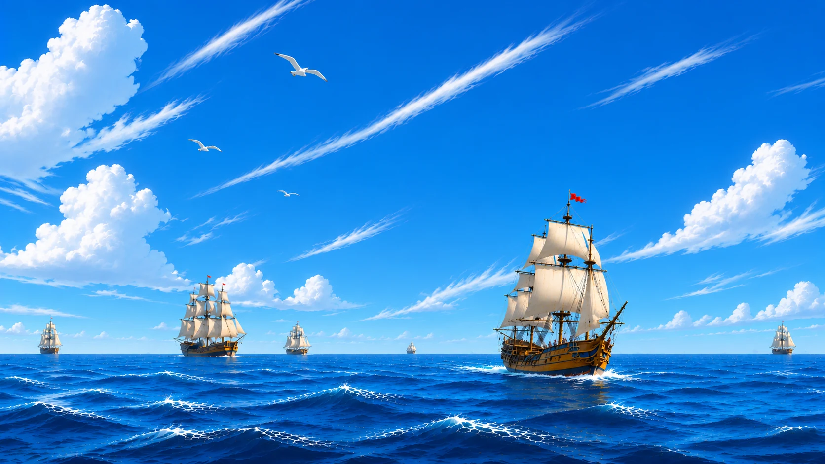 A tall ship under full sail on the open sea